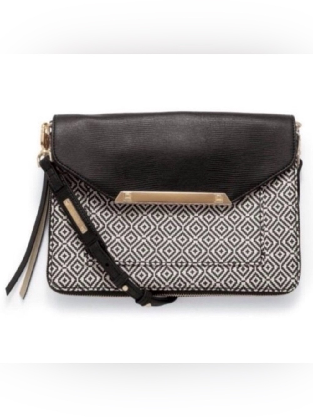 Stella & Dot Tia Modern Textured Black & Geometric Diamond Print Crossbody Bag